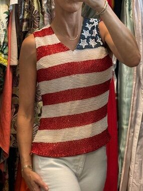 Vintage Laurence Kazar 100% Silk Red, White & Blue Beaded American Flag Tank